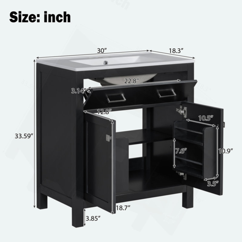 Meuble-lavabo de 30 po avec lavabo en céramique, armoire de salle de bain simple moderne avec 2 portes et une tablette, portes à fermeture douce