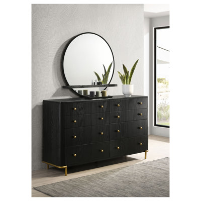 Commode Benson à 8 tiroirs avec miroir, meuble de rangement en bois d'hévéa noir pour chambre à coucher, style bord de mer avec quincaillerie en laiton vieilli