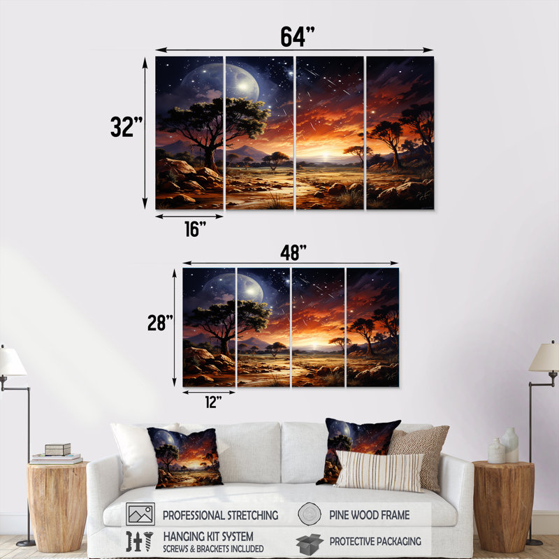 Futur cosmique, lever de soleil sur l'Afrique, ensemble d'art mural 4 pièces Planètes, H 32 po x l 64 po