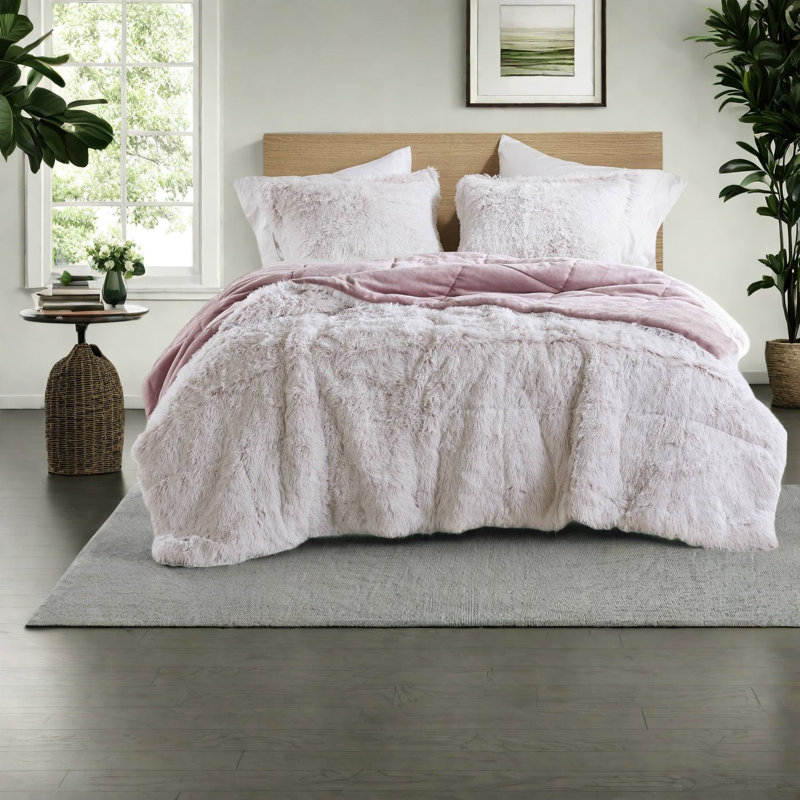 Ensemble de literie luxueuse en fausse fourrure à poils longs, rose et blanc, double / grand