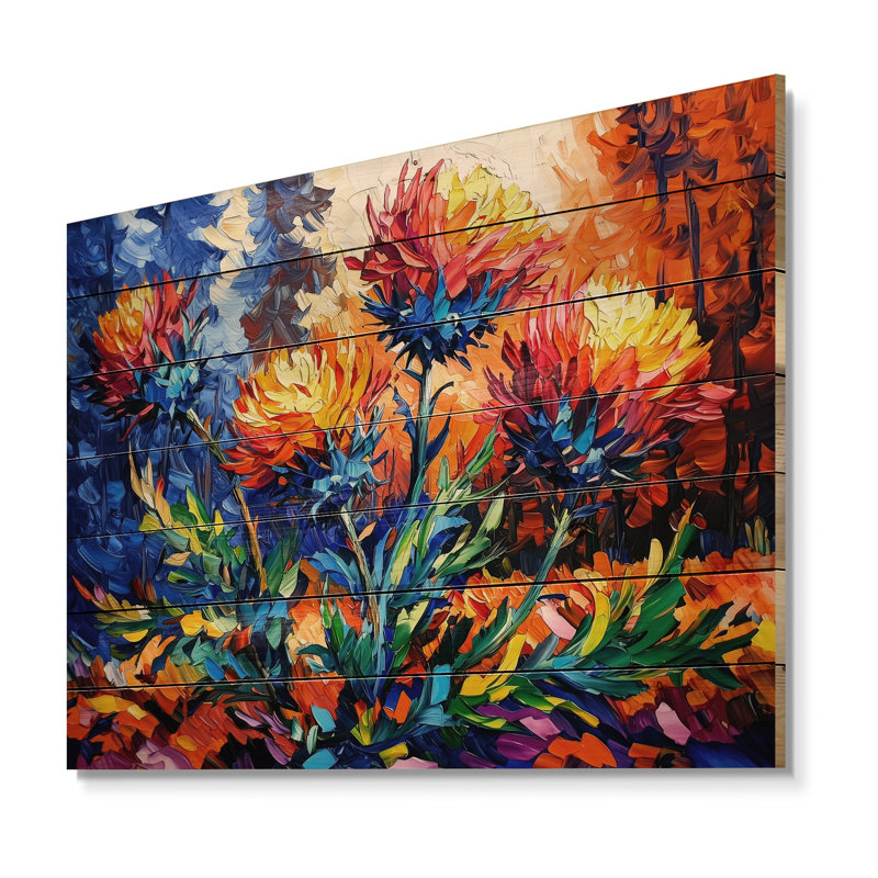 «Orange and Blue Thistle Bloom I», art mural traditionnel sur bois de pin naturel, H 24 po x l 32 po