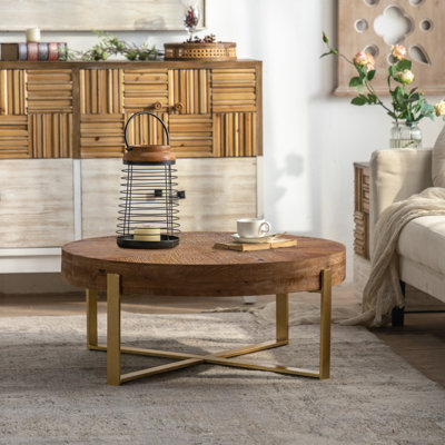 Modern Retro Splicing Round Coffee Table, Fir Wood Top with Cross Legs for Durable and Stylish Living Room by FOSHNATURE