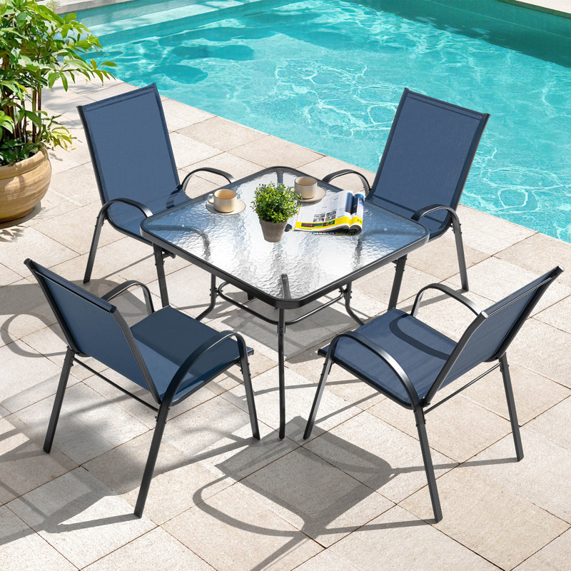 Ensemble repas 5 pièces pour l'extérieur, chaises empilables et trou pour parasol Textilene, Bleu