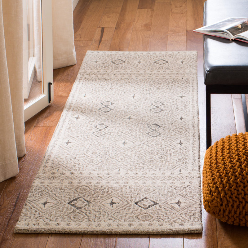 Tapis gris / ivoire en laine / coton touffeté à la main Devlin, Tapis de couloir 2 pi 3 po x 7 pi