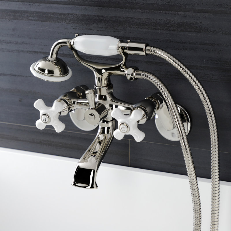 Kingston Brass Kingston Three-Handle 2-Hole Wall Mount Clawfoot Tub Faucet with Hand Shower, Polished Nickel