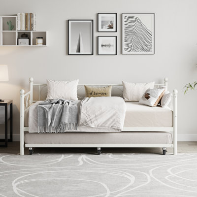 Daybed with Trundle Bed, Twin Size Day Bed with Floral Headboard, Metal SOFE Bed Frame with Pull-Out Trundle, Heavy Duty Steel Slats Supports, for Liv