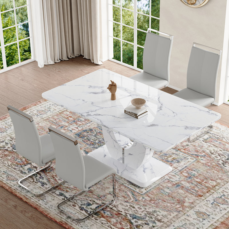 Ensemble de table de salle à manger, Gris léger / argent, Marbre blanc, 5 pièces
