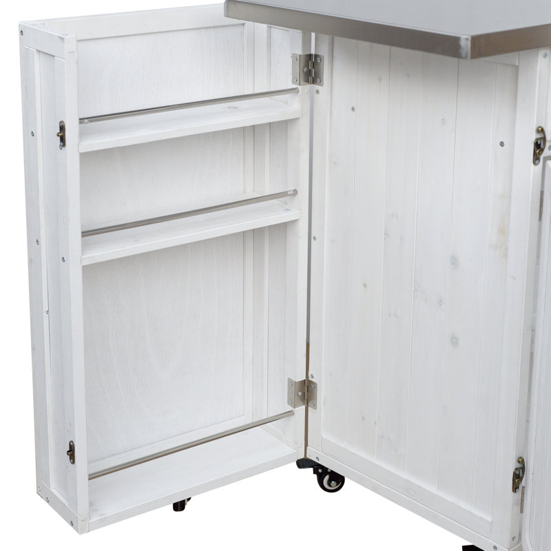Îlot de cuisine en bois de sapin massif et station de préparation pour barbecue avec plateau en acier inoxydable, Blanc