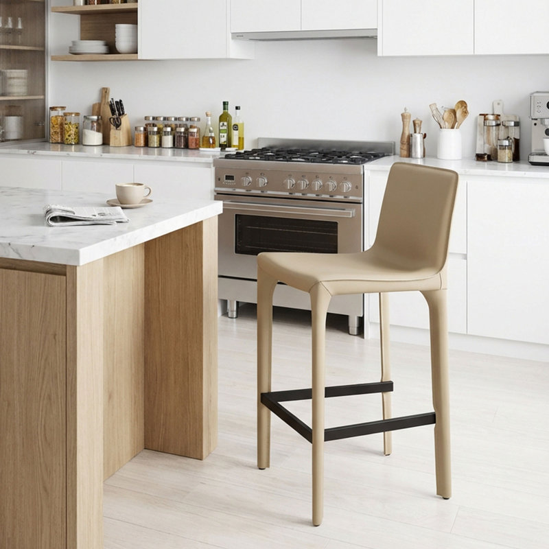 Full Assembled 26"H Counter Stool, Saddle Leather Upholstered Bar Stool With Padded Seat, Counter Height Barstool With Metal Frame Footrest For Kitchen Island Bar Counter, Khaki