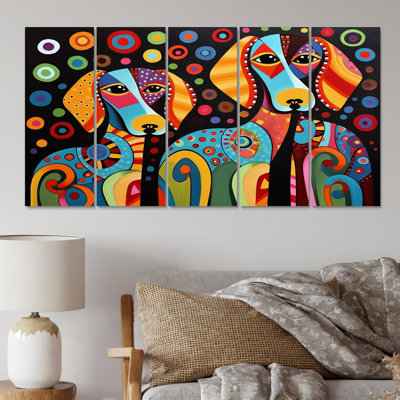 Portrait Of Two Dachshund Retro Geometric - Animals Dog Daschund Wall Art Print - 5 Equal Panels