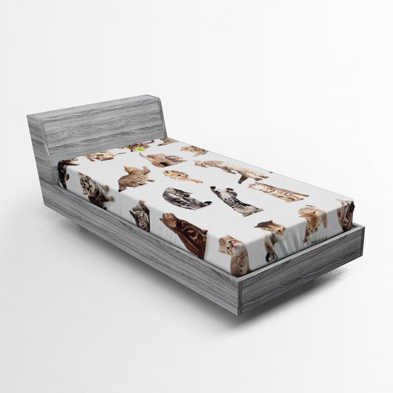 Twin Black and White Cat Print Microfiber Fitted Sheet