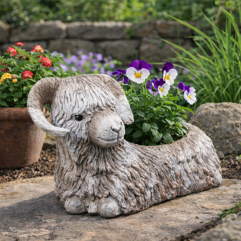 Jardinière d'extérieur, sculpture de mouton de montagne, résine crème et grise 15 pouces