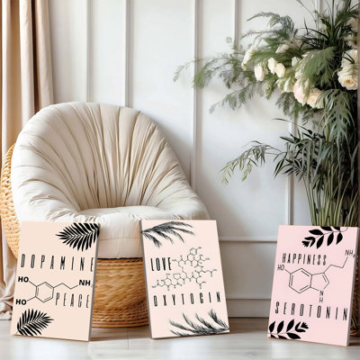 Ensemble de 3 affiches encadrées représentant les molécules de dopamine, d'ocytocine et de sérotonine. Style minimaliste et botanique, idéal pour la décoration de votre chambre, salon ou autre pièce. Peintures sur toile représentant des formules chimiques, offertes en noir, blanc et rose.