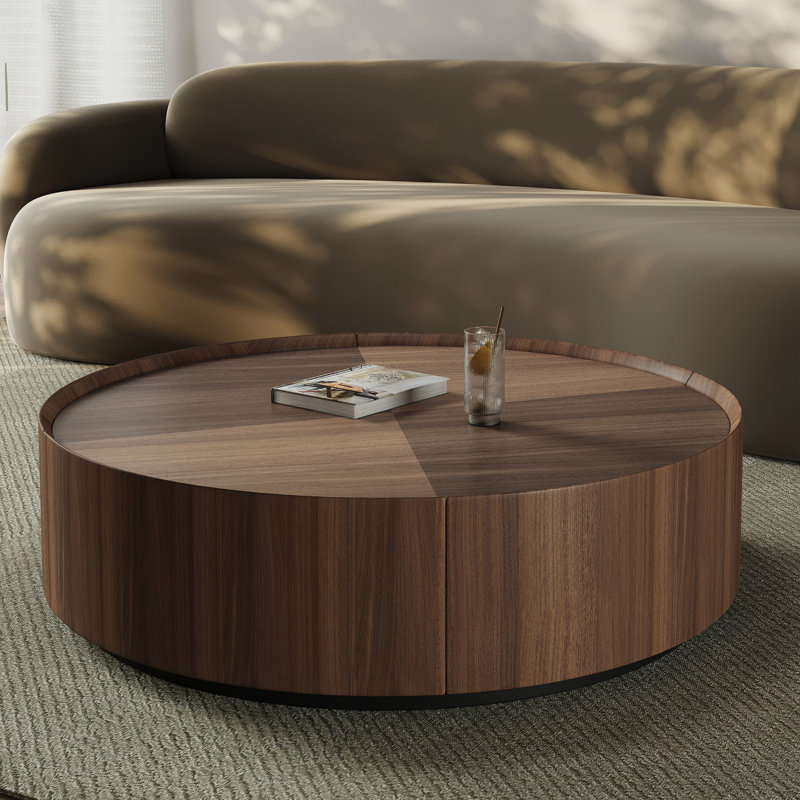 Table basse ronde avec 2 tiroirs de rangement et base robuste, H 13 po x L 35 po x l 35 po , Brown