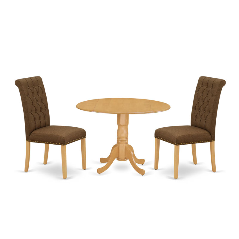 L'ensemble 3 pièces de table de cuisine et chaises comprend une table de salle à manger ronde avec Dropleaf et 2 chaises rembourrées en tissu de lin brun, 42 x 42 pouces, chêne