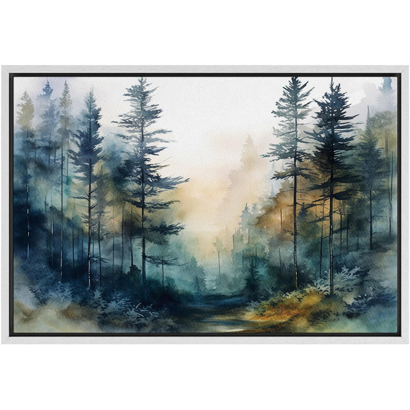 Paysage de forêt Woodland «Pine Tree Forest» sur, H 16 po x l 24 po, Cadre flottant blanc