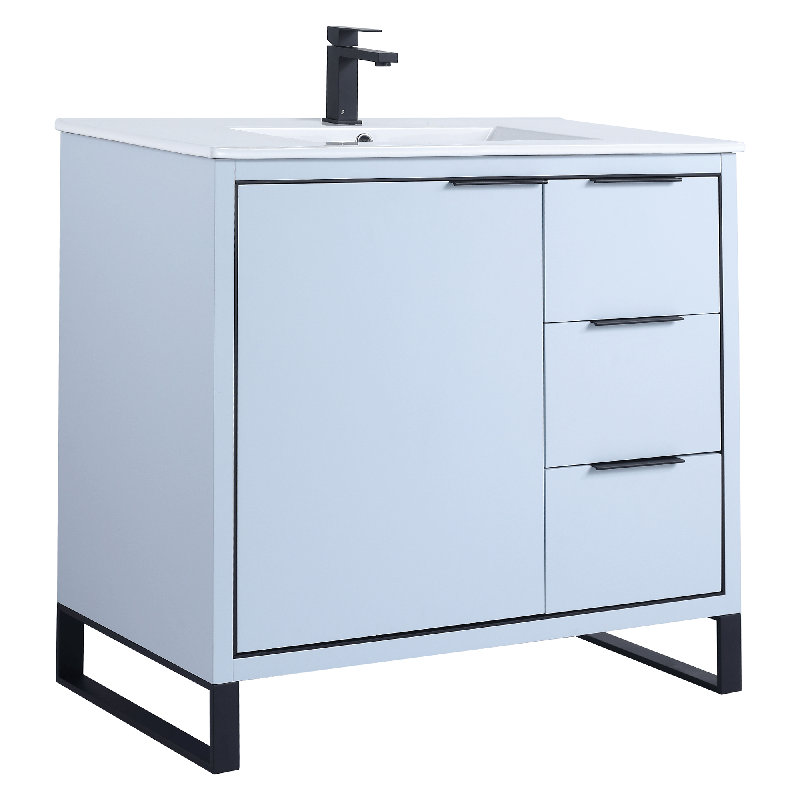 Navy Blue Matte Bathroom Vanity with White Ceramic Sink and Black Hardware