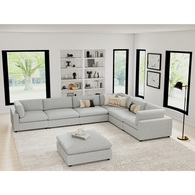 7-Piece Minimalist Modern Soft-Upholstered Sectional With Ottoman
