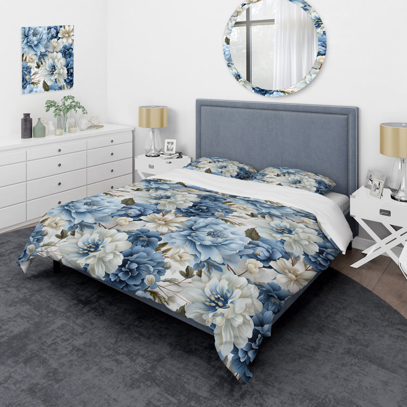 Ensemble de housse de couette à motif floral victorien bleu et blanc II, Housse de couette pour grand lit et 2 taies décor