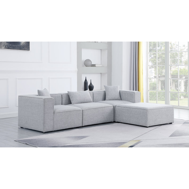 Cube Upholstered L-Shaped Sectional Reversible, Grey Linen Textured Fabric