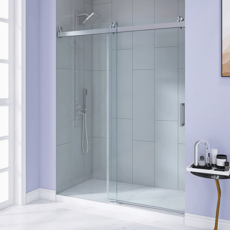 56-60 In. W X 76 In. H Single Sliding Frameless  Shower Door | Silent Soft Close | 1/4 Inch Thick  Tempered Glass With Explosion-Proof  Coating | Reversible Installation | Chrome