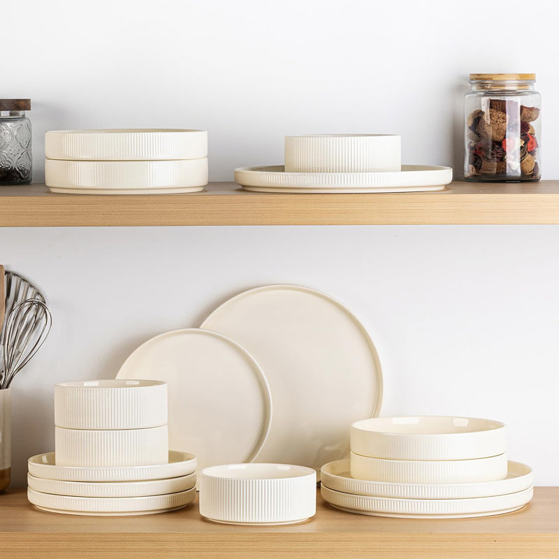 Service de table en céramique 12 pièces pour 4 personnes - Ensemble de bols et assiettes en porcelaine légère | Résistant aux égratignures | Va au four, au micro-ondes et au lave-vaisselle