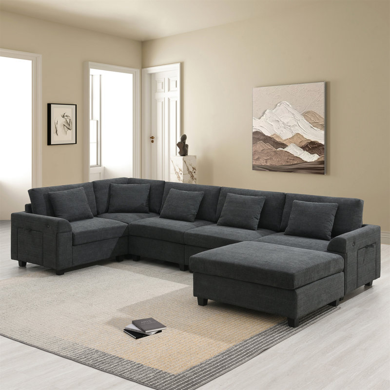 128*67" U Shaped Sectional Sofa, Black