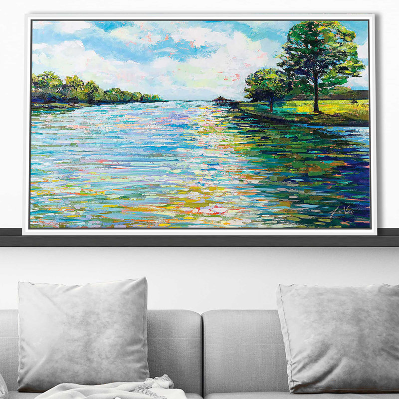 Vue du lac par Jeanette Vertentes - Peinture, H 27,5 po x l 43,5 po x P 2 po, Cadre flottant blanc
