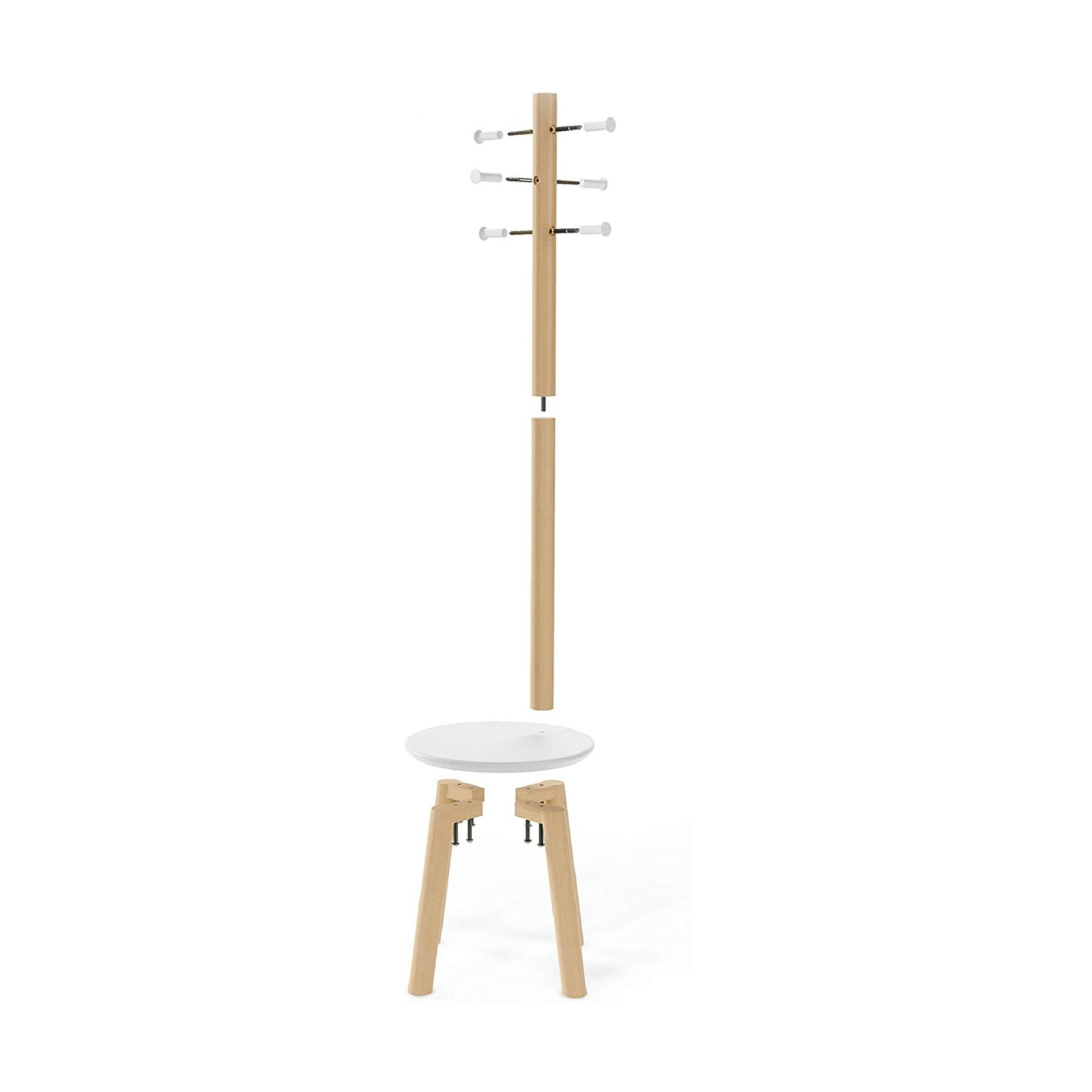 6 - Hook Freestanding Coat Rack, White/Natural