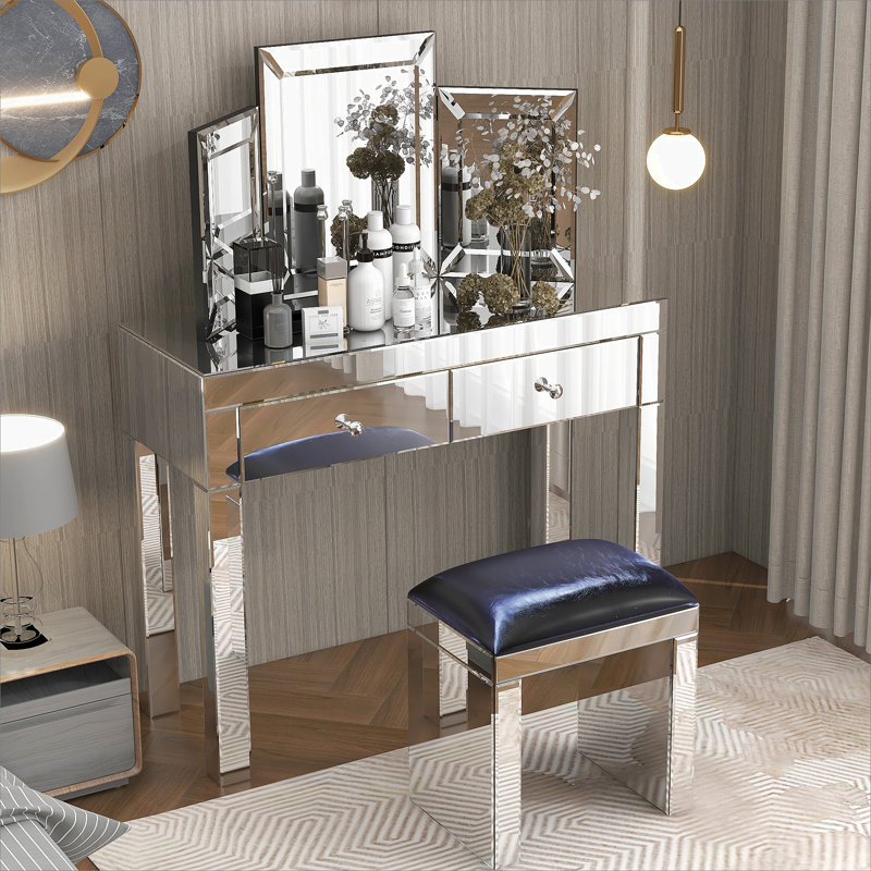 Mirror Desktop Dressing Table, 2 Drawer Dressing Table, Suitable For Female And Girl Home Offices