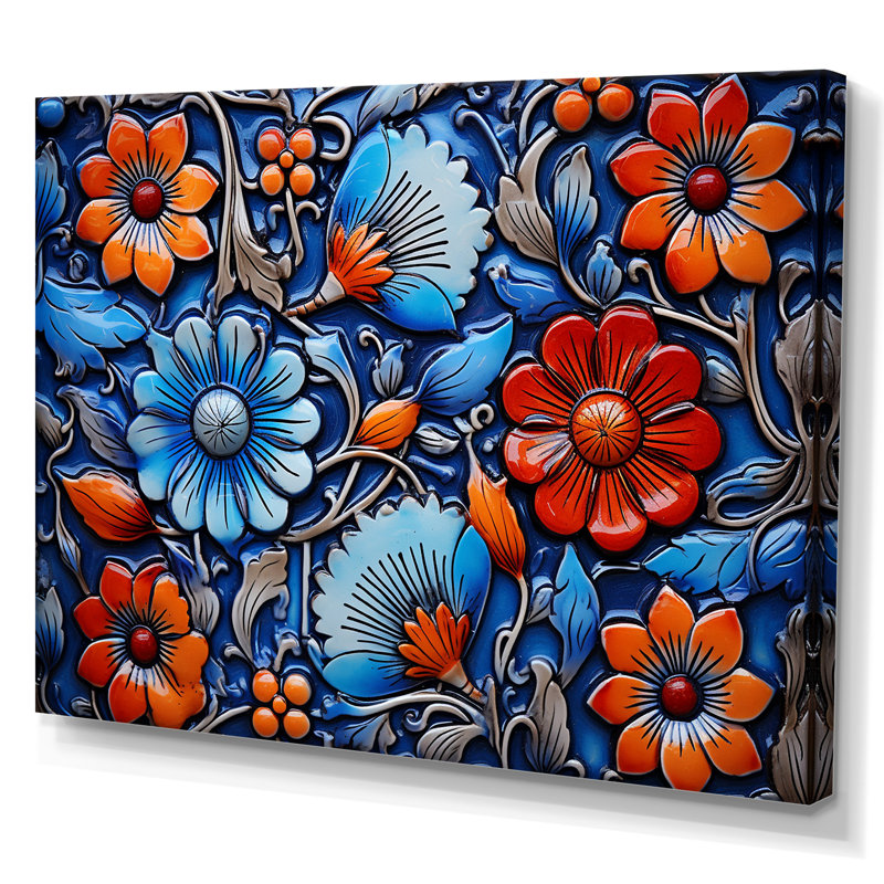 Motif floral mosaïque bleue et orange 2 - Boho mosaïque murale, H 12 po x l 20 po x P 1 po, Toile tendue