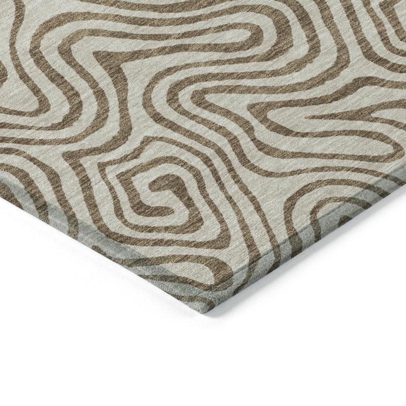 Beige and Brown Swirl Pattern Washable Synthetic Rug 5' x 7'
