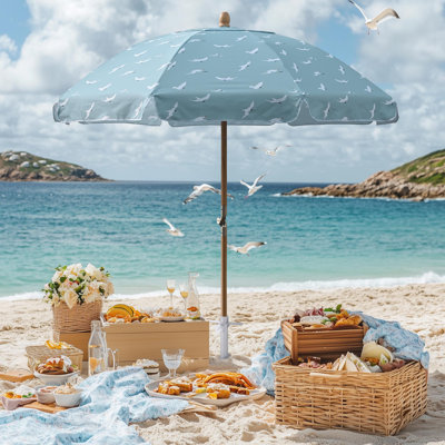 Our Beach Portable Umbrella for Sand Beech Wood Pole Carry Bag with Printed Porcelain Love Cute Garden Parasol