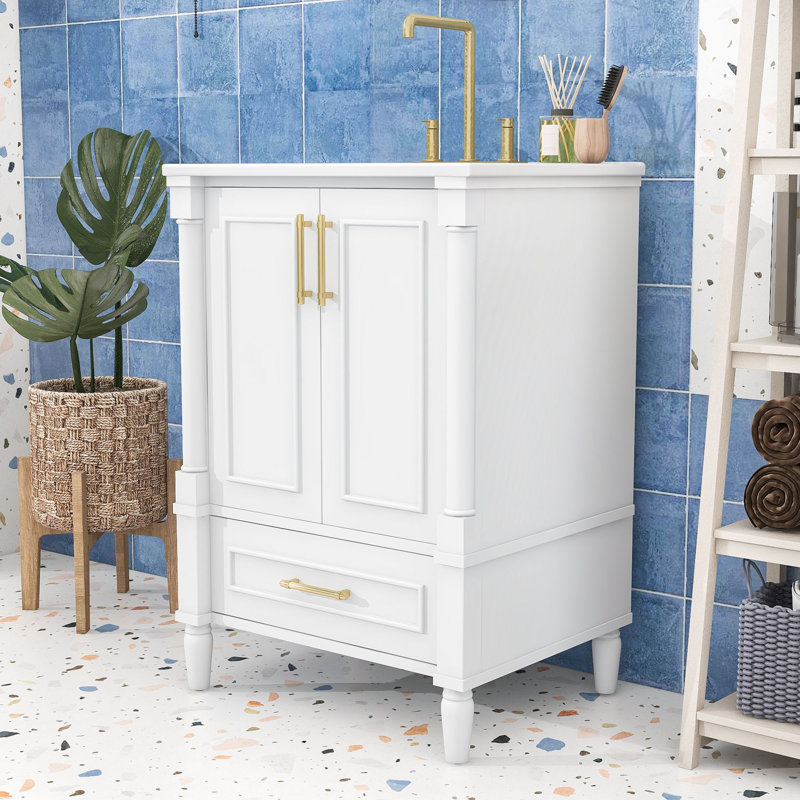 Meuble-lavabo peu encombrant avec lavabo en céramique, pieds en bois massif, charnières à fermeture en douceur et tablette réglable