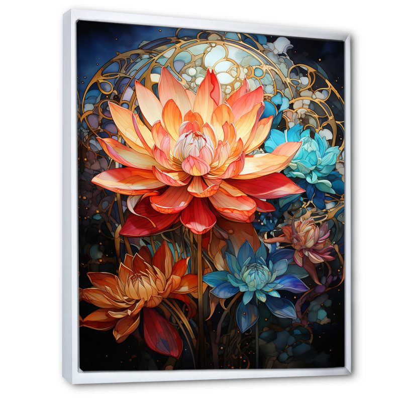 Art bouddhiste orange, turquoise, mandala de lotus - impressions sur toile bouddhisme, H 20 po x l 12 po x P 1 po