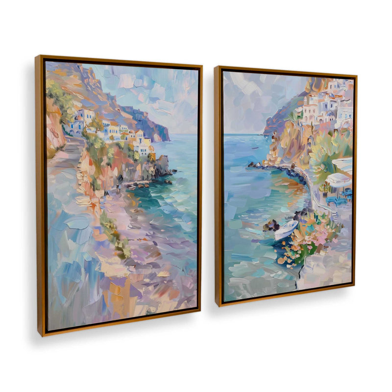 Ensemble de 2 impressions sur la côte pastel Amalfi, 18 po x 12 po, Cadre flottant or poli