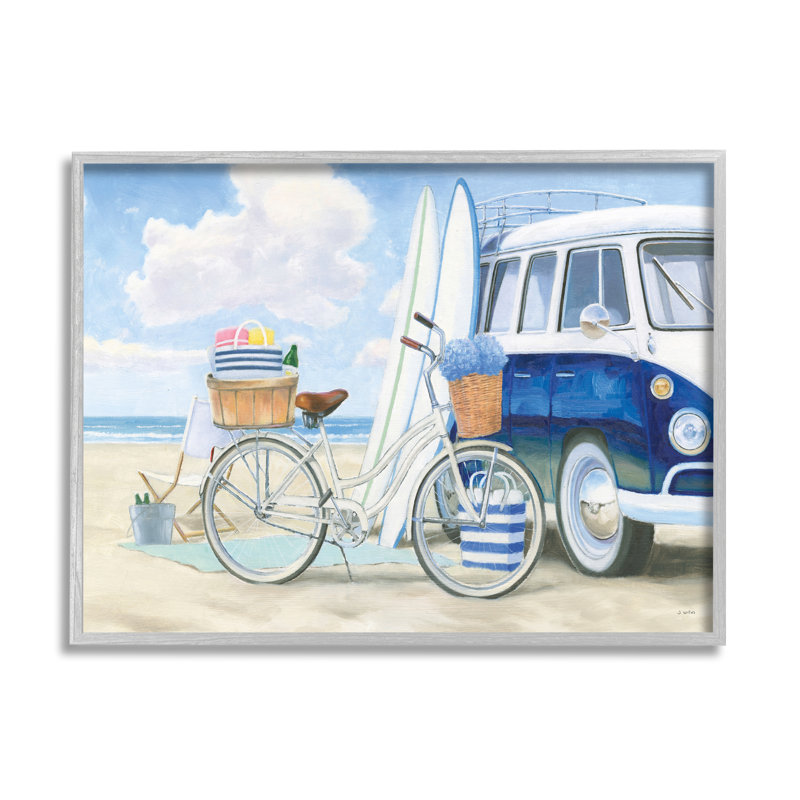 «Bike And Van Beach Nautical» par James Wiens - peinture à cadre flottant sur bois