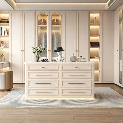 Îlot de présentation de bijoux moderne avec plateau en verre et grand espace de rangement, vitrine autoportante pour chambre, garde-robe, boutique et espace de vente.