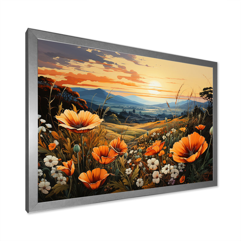 Radiant Golden Blooming Meadow I sur toile, Cadre simple argenté, H 24 po x l 32 po x P 1 po