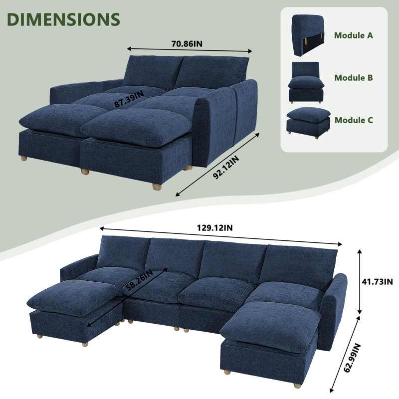 Ensemble de canapé modulaire de 129 pièces de 6 pièces avec 4 sièges et 2 repose-pieds de 129 po, Bleu