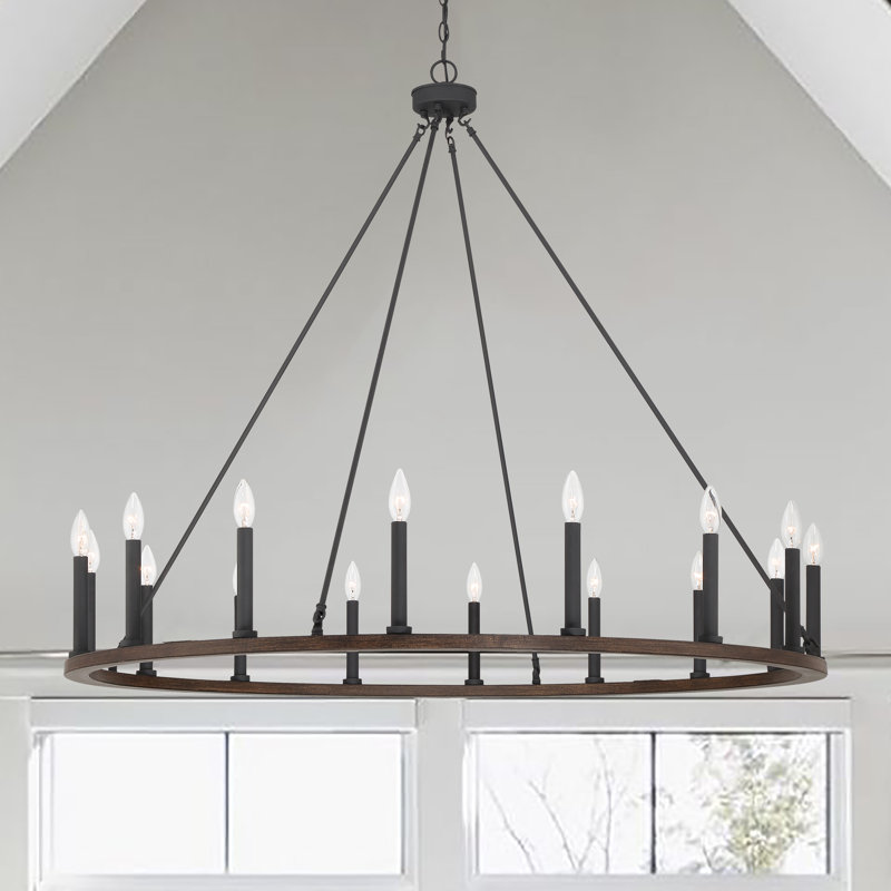 Adriana 47" W 16-Light Dimmable Wagon Wheel Chandelier with Sloped Ceiling Adapter, Weathered Walnut