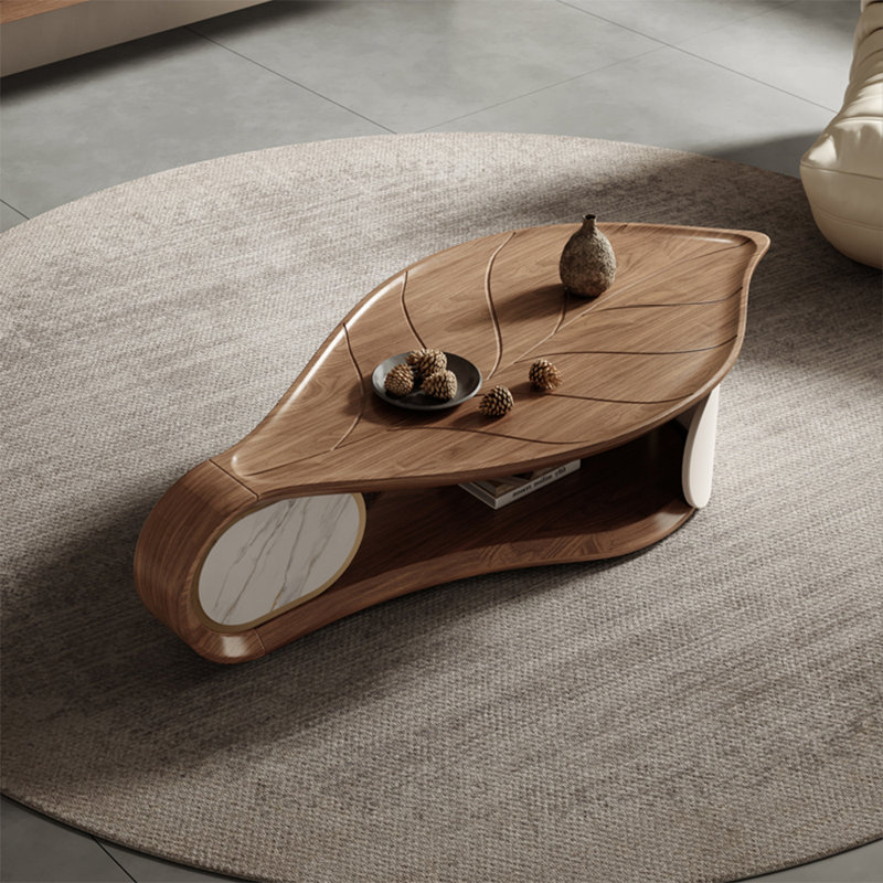 Ferryn 57.08'' Mid-Century Modern Wood Leaf Shaped Coffee Table With 2 Faux Marble,  Fully Assembled