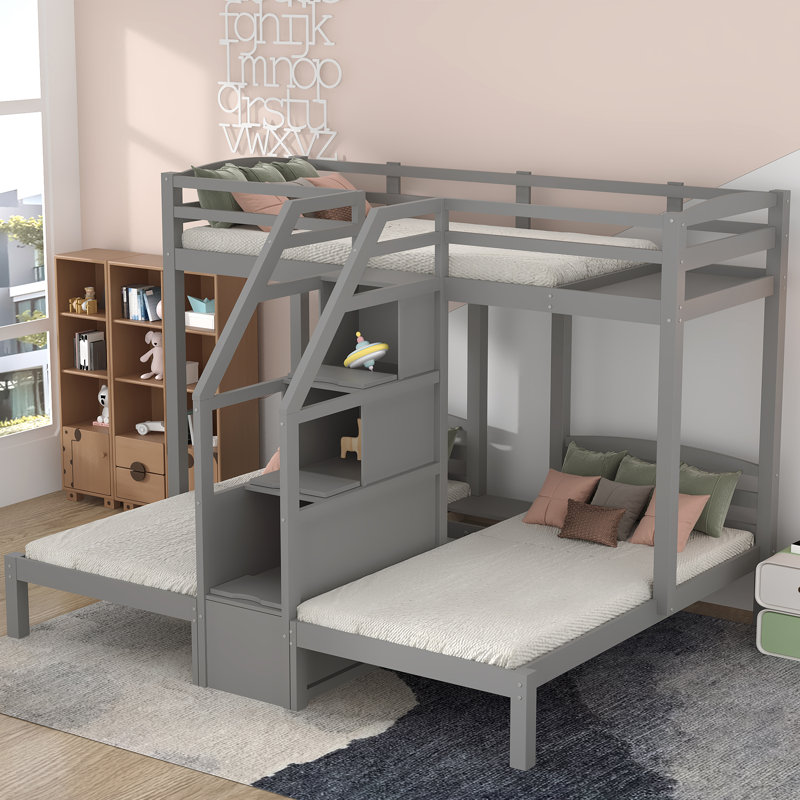 Lit superposé simple au-dessus de simple avec tiroirs Haleh Kids, gris