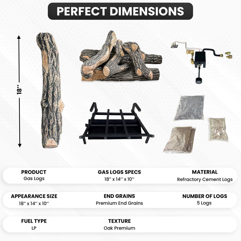 Ensemble de bûches au gaz Great Oak, 18 po (ouverture minimale: H 16 po x l avant 24 po, Propane