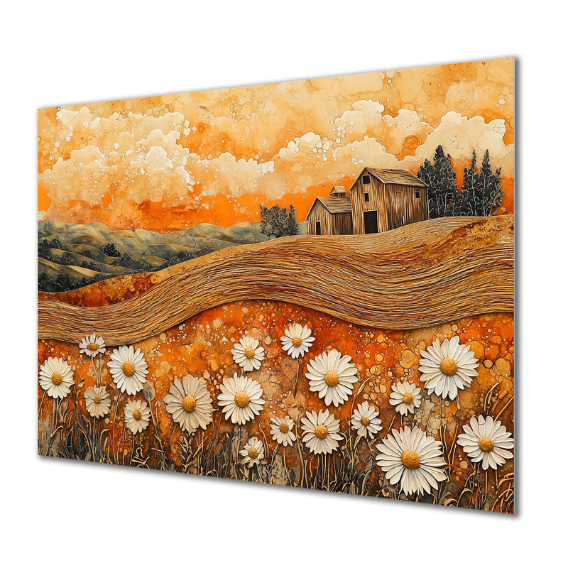 «Daisies Flowers Barn Bold Landscape II», reproduction d'art traditionnelle en métal, décoration murale en métal marguerites