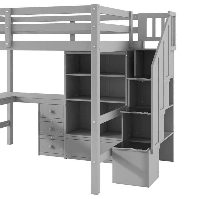 Lit mezzanine avec bureau en L et escalier de rangement, Gris