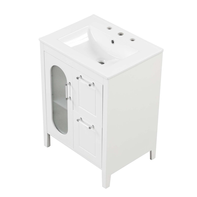 24" Bathroom Vanity With Sink, Bathroom Vanity Cabinet With 2 Drawers And Door, Adjustable Shelf, White