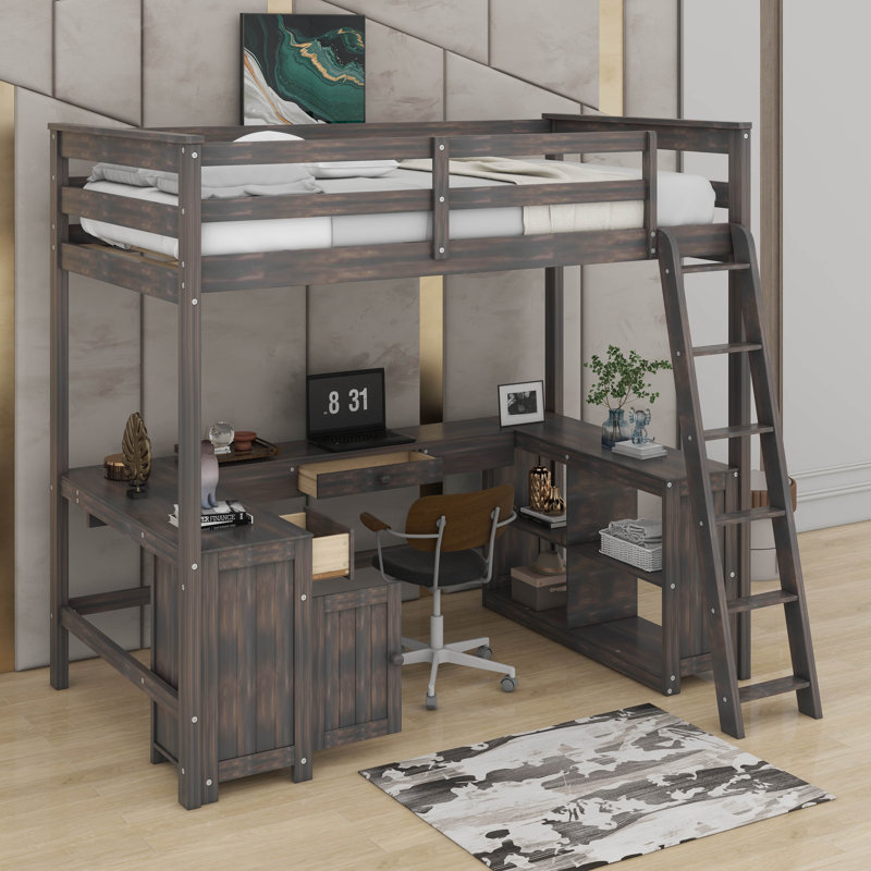Lit mezzanine double avec bureau, tiroirs et tablettes, Brun antique