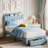 Set of 2 Twin Bed Frame for Kids – Upholstered Platform Bed with Large Storage Drawer & Bookcase Headboard, Velvet Upholstered, Noise-Free, Easy Assembly, No Box Spring Needed, Blue