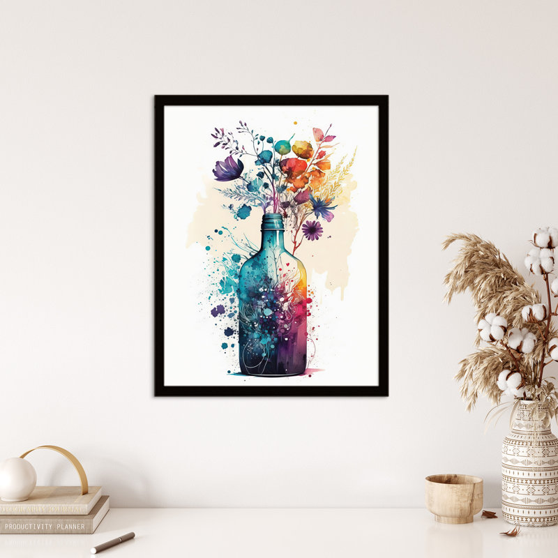 Gin Bottle Flowers Painting Blue Purple Orange - Single Picture Frame Print